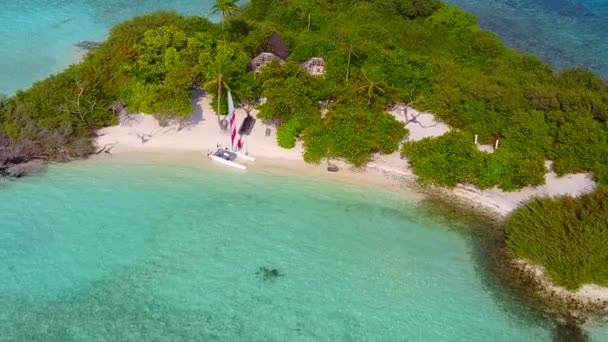 Mavi okyanus kıyısındaki güzel sahil gezisinin güneşli manzarası ve dalgalara yakın beyaz kumlu arka plan — Stok video