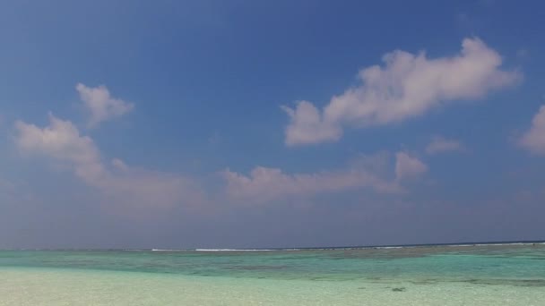 Romantyczna sceneria relaksującego kurortu czas plaży nad błękitną wodą z białym tłem piasku w pobliżu palm — Wideo stockowe