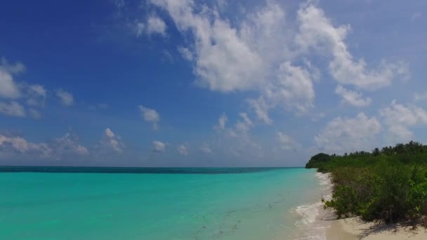 Ampio scenario angolare di viaggio spiaggia isola tropicale da acqua blu acqua e sabbia bianca sfondo prima del tramonto — Video Stock