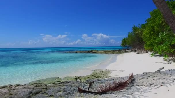 Zonnige textuur van rustige strand reis door turquoise oceaan en witte zand achtergrond in de buurt van zandbank — Stockvideo