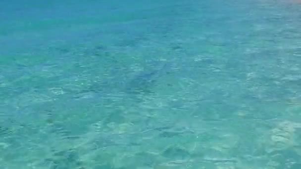 Paysage marin ensoleillé de vacances de luxe à la plage au bord de l'océan peu profond avec fond de sable blanc après le lever du soleil — Video