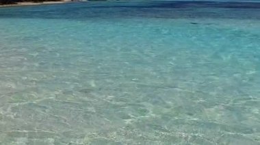 Güneş doğduktan sonra beyaz kum arka planıyla mavi okyanus boyunca egzotik sahil maceralarının geniş açı yolculuğu.