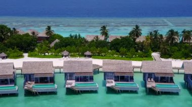 Turkuaz deniz kıyısındaki lüks sahil yaban hayatının yaz gökyüzü, kumsalın yakınındaki beyaz kum arka planı.