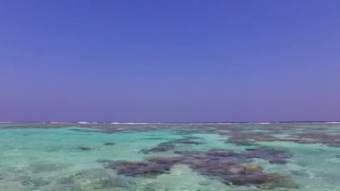 Mavi deniz kıyısındaki egzotik sahil seyahatinin ve resifin yakınındaki beyaz kumlu arka planın romantik soyutlaması.