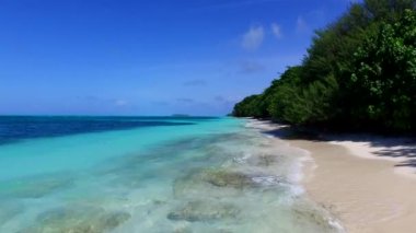Dalgalara yakın beyaz kum arka planına sahip sığ lagünün yanındaki deniz kıyısı yaban hayatının boş manzarası.