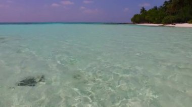 Şeffaf deniz kıyısındaki egzotik tatil beldesi yolculuğunun romantik doğası. Temiz kum arka planı güneş ışığında.