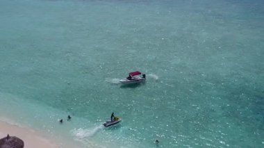 Mavi yeşil deniz kıyısındaki güzel sahil saatine yakın yolculuk ve palmiyelerin yakınındaki temiz kumlu zemin
