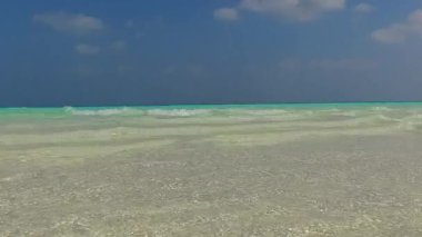 Cennetin güneşli deniz manzarası plaj zamanı şeffaf deniz kenarında ve palmiyelerin yanında beyaz kumlu arka plan