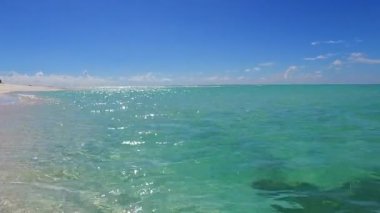 Mavi okyanus kıyısındaki mükemmel lagün plajı manzarası ve palmiyelerin yakınındaki beyaz kumlu arka plan.