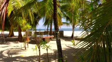 Gün batımından önce beyaz kum arkaplanlı, mavi sularda güneşli bir sahil tatili.