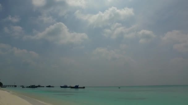 Weitwinkelabstrakt von tropischen Küsten Strand Tierwelt durch flachen Ozean mit weißem Sandhintergrund in der Nähe des Resorts — Stockvideo