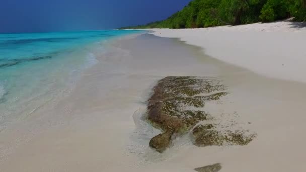 Mavi deniz kıyısındaki egzotik turist plajı ve kumsal kenarındaki beyaz kum manzarasını kopyala — Stok video