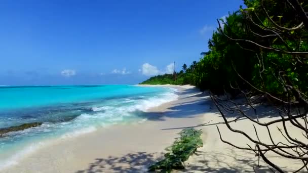 Cálido paisaje marino de exótica vista al mar viaje a la playa por el océano azul con fondo de arena blanca cerca de las palmeras — Vídeo de stock