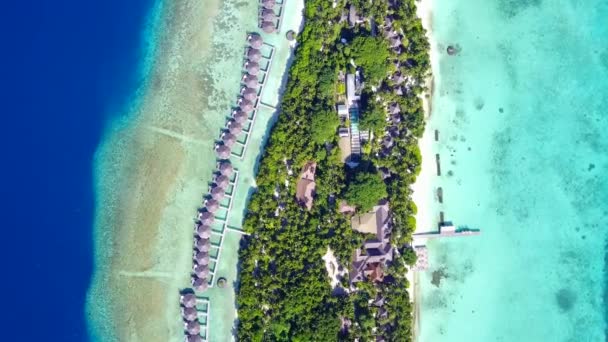 ヤシの近くに白い砂の背景と青い緑の海による楽園の海岸線の休暇のロマンチックな性質 — ストック動画
