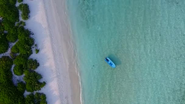 Sonnige Zusammenfassung der schönen Küste Strandausflug durch blaues Wasser und weißen Sand Hintergrund in der Nähe von Palmen — Stockvideo