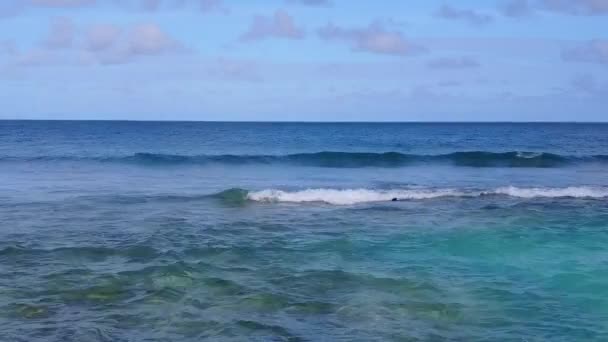 Amplio ángulo de viaje de exótica vida silvestre playa resort por laguna azul con fondo de arena blanca cerca de surf — Vídeo de stock