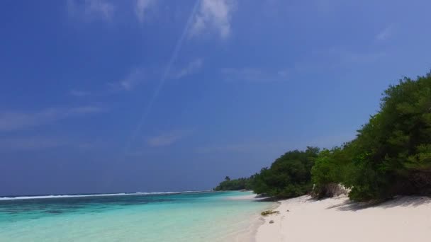 Soleado paisaje marino de la playa paradisíaca de la bahía vida silvestre por el mar azul y el fondo arenoso limpio cerca de las olas — Vídeos de Stock