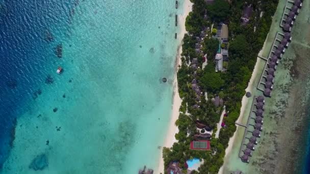 Brede hoek natuur van idyllische kustlijn strand fauna door heldere oceaan en witte zandachtergrond in de buurt van surfen — Stockvideo