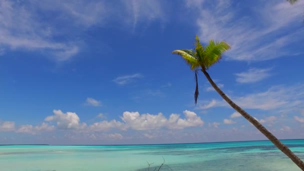 잔잔 한 초호 해변의 낭만적 인 분위기, 파도 근처의 푸른 초호와 하얀 모래 배경 — 비디오