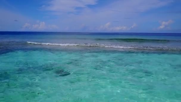 ヤシの近くに白い砂浜の背景を持つ青い緑のラグーンによる牧歌的な海岸線の休日の空の性質 — ストック動画