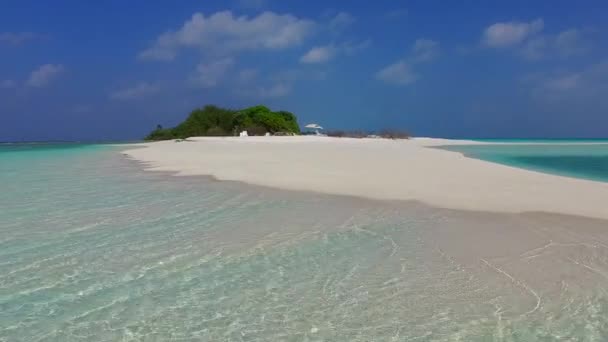 Warm panorama of perfect bay beach vacation by blue sea with white sand background near sandbank — Stock Video