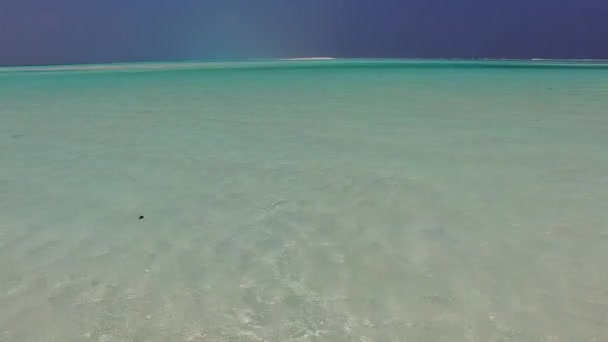 Soligt havslandskap av idyllisk strand strandresa med aqua blå lagun med vit sand bakgrund i solljus — Stockvideo