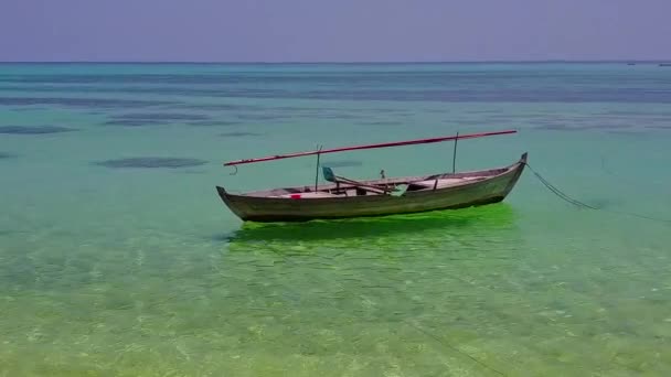 Słoneczna podróż idyllicznego wybrzeża plaży przerwa przez turkusowy ocean z jasnym tle piasku w pobliżu palm — Wideo stockowe