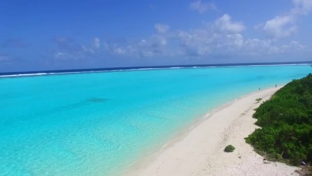 波の近くに白い砂の背景と青い海でパラダイスベイビーチの休日の宇宙旅行をコピーします。 — ストック動画