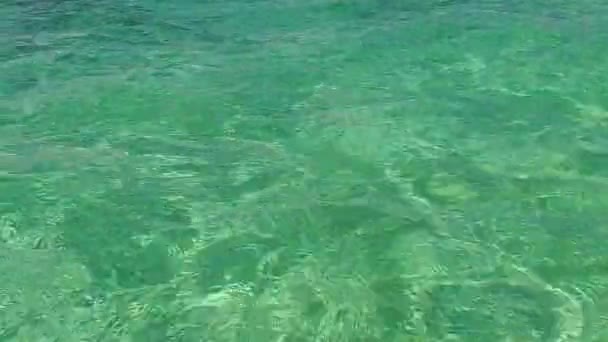 Sakin sahil sahil yolculuğunun güneşli manzarası berrak su ve dalgaların yakınındaki beyaz kum arka planı — Stok video