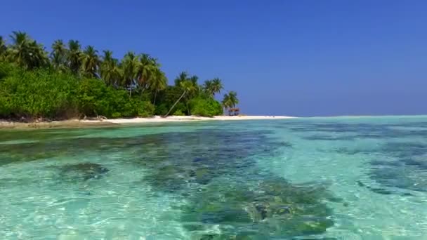 Mavi okyanus kıyısında kumsala yakın beyaz kumlu arka planda tropik sahil tatilinin boş dokusu. — Stok video