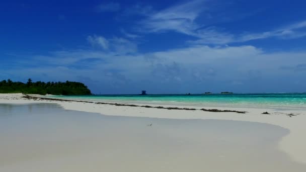 Naturaleza vacía de aventura de playa con vista al mar tropical por océano transparente y fondo de arena blanca cerca de palmeras — Vídeo de stock