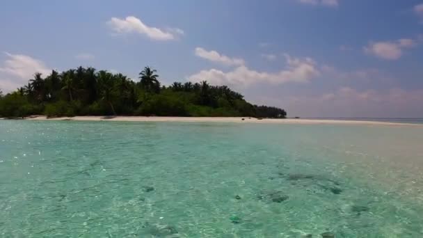 Zonnige textuur van paradijs kust strand reis door blauwe oceaan met wit zand achtergrond in de buurt van rif — Stockvideo