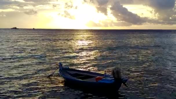 Денне небо раю туристична пляжна подорож блакитним океаном і білий піщаний фон біля долонь — стокове відео