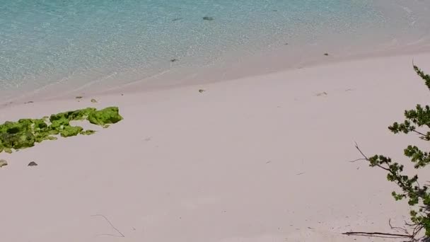 Pusty charakter luksusowej plaży brzegowej podróży przez przezroczysty ocean z białym, piaszczystym tle w pobliżu surfowania — Wideo stockowe