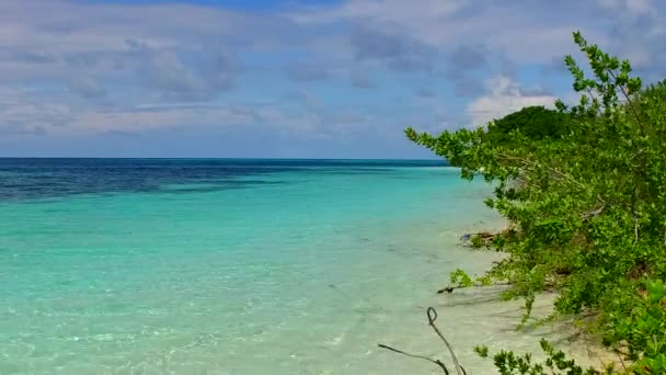 Летний туризм спокойного острова путешествие на мелководье с белым песком фоне в солнечном свете — стоковое видео