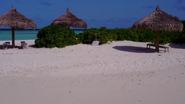 Voyage chaud de détente voyage à la plage touristique par la mer bleue aqueuse avec fond sablonneux blanc près des palmiers — Video