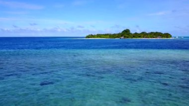 Dalgaların yakınında beyaz kum arka planına sahip mavi gölün kenarındaki cennet gibi sahil yaban hayatının manzarasını kapatın.