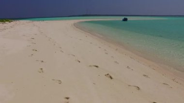 Turkuaz okyanusun güzel plaj yaban hayatının güneşli manzarası. Palmiyelerin yanında beyaz kumlu arka plan.