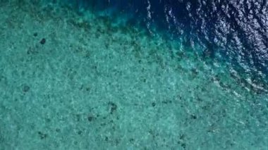 Sığ okyanus kıyısındaki egzotik sahil gezisinin romantik manzarası ve palmiyelerin yakınındaki beyaz kumlu arka plan.