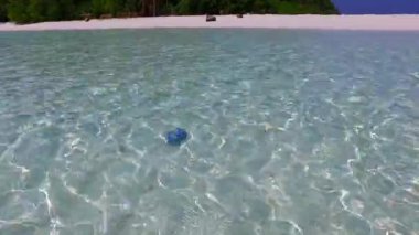 Açık bir lagün ve resifin yakınındaki parlak kum arka planından oluşan egzotik sahil plajı maceralarının güneşli deniz manzarası.