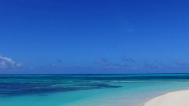 Deniz kıyısı macerasının güneşli deniz manzarası. Mavi yeşil su, temiz kumlu arka plan, palmiyelerin yanında.