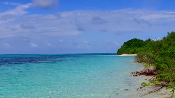 Летняя абстракция спокойного пляжного отдыха на мелководном лагуне и ярком песчаном фоне у рифа — стоковое видео