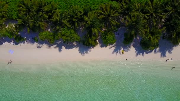 Sunny turistiky ráje pobřeží pláž dobrodružství podle modrého zeleného moře s bílým pískem pozadí v blízkosti palem — Stock video