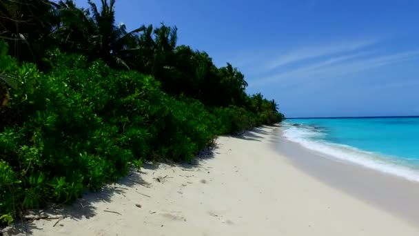 Wide angle sky of luxury island beach voyage by turquoise ocean and white sand background near sandbar — Stock Video