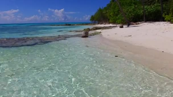 Εναέρια τουρισμός ειδυλλιακού κόλπου παραλία διάλειμμα από το γαλάζιο του ωκεανού με λευκό αμμώδη φόντο — Αρχείο Βίντεο