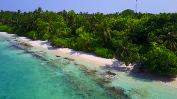Široký úhel příroda krásného ostrova pláž volně žijící u průhledného moře s bílým písečným pozadím v blízkosti vln — Stock video