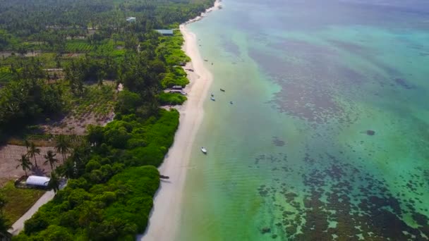 透明ラグーンとサンゴ礁の近くの白い砂の背景による海洋海岸の冒険のロマンチックな空 — ストック動画