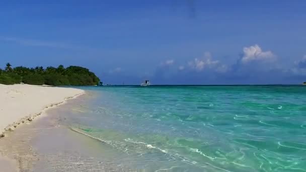ヤシの木の近くにきれいな砂浜の背景を持つ青い緑の海による豪華なリゾートビーチブレイクの日当たりの良い旅行 — ストック動画