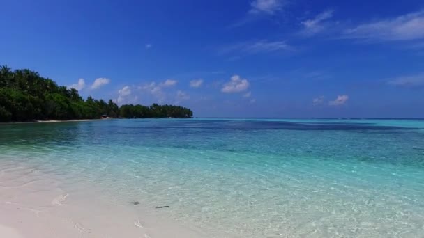 砂浜の近くに白い砂の背景を持つ透明な海による海洋海岸のビーチの休日の空の風景 — ストック動画