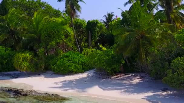 Güzel ada plaj tatilinin manzarasını dalgaların yanında beyaz kum arka planına sahip şeffaf bir göl kenarına kapatın. — Stok video